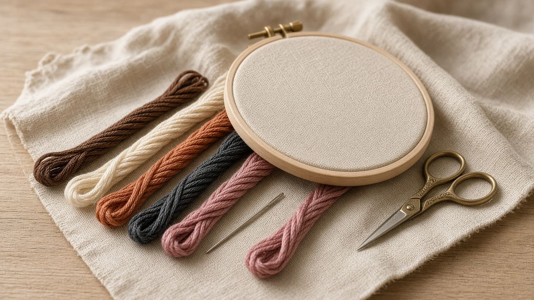 Linen, hoop, and cotton floss on a wooden table